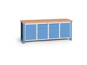 Dílenský stůl KOVONA, 4 závěsné skříňky a 2 zásuvky na nářadí, buková spárovka, pevné nohy, 2100 mm