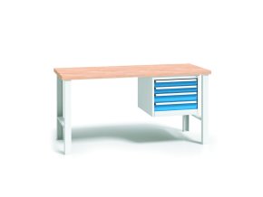 Pracovní stůl do dílny WL se závěsným boxem na nářadí, buková spárovka, 4 zásuvky, pevné kovové nohy, 2000 mm