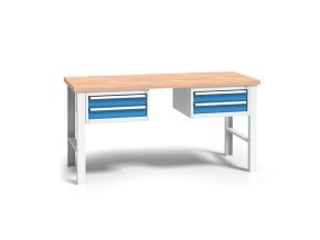 Pracovní stůl do dílny WL se 2 závěsnými boxy na nářadí, buková spárovka, 4 zásuvky, pevné kovové nohy, 1700 mm