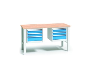 Pracovní stůl do dílny WL se 2 závěsnými boxy na nářadí, buková spárovka, 6 zásuvek, pevné kovové nohy, 2000 mm