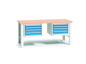Pracovní stůl do dílny WL se 2 závěsnými boxy na nářadí, buková spárovka, 8 zásuvek, pevné kovové nohy, 2000 mm