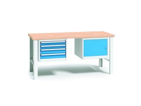 Pracovní stůl do dílny WL se závěsným boxem a skříňkou na nářadí, buková spárovka, 4 zásuvky, pevné kovové nohy, 2000 mm