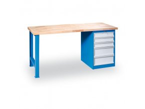Dílenský pracovní stůl GÜDE Variant, buková spárovka, pevná noha + zásuvkový dílenský box na nářadí, 5 zásuvek, 1500 x 800 x 850 mm, modrá