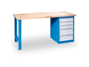 Dílenský pracovní stůl GD, buková spárovka, pevná noha + zásuvkový dílenský box na nářadí, 5 zásuvek,  2000 x 800 x 850 mm, modrá