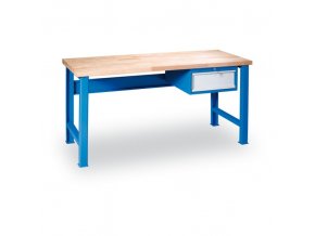 Výškově nastavitelný pracovní stůl GÜDE Variant se závěsným boxem na nářadí, buková spárovka, 1 zásuvka, 1500 x 800 x 850 - 1050 mm, modrá