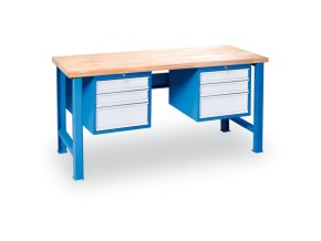 Dílenský pracovní stůl GD se 2 závěsnými boxy na nářadí, buková spárovka, 6 zásuvek, 1700 x 685 x 850 mm, modrá