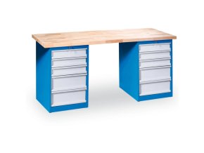 Dílenský pracovní stůl GD se 2 zásuvkovými dílenskými boxy na nářadí, buková spárovka, 10 zásuvek, 2000 x 800 x 850 mm, modrá