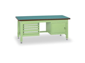 Profesionální dílenský stůl GL, 4 zásuvky, 1 skříňka, deska MDF + PVC, 2100x750 mm