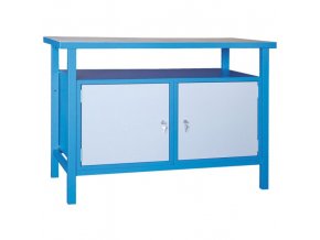 Dílenský pracovní stůl GÜDE Basic, smrk + buková překližka, 2 skříňky, 1190 x 600 x 850 mm, modrá