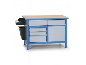 Dílenský pracovní stůl GÜDE Basic, 5 zásuvek, smrk + buková překližka, 5 zásuvek, 1 skříňka, 1190 x 600 x 850 mm, modrá / šedá