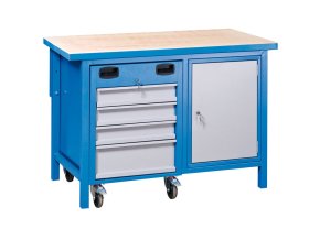 Dílenský pracovní stůl GD s pojízdným boxem na nářadí, 4 zásuvky, 1 skříňka, 1190 x 600 x 850 mm, modrá