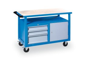 Pojízdný pracovní stůl do dílny GD, smrk + buková překližka, 3 zásuvky, 1 skříňka, 1190 x 600 x 850 mm, modrá