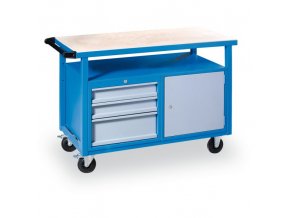 Pojízdný pracovní stůl do dílny GÜDE Basic, smrk + buková překližka, 3 zásuvky, 1 skříňka, 1190 x 600 x 850 mm, modrá