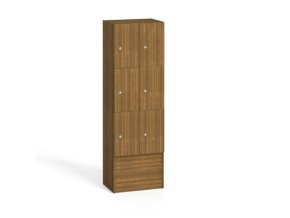 Dřevěná odkládací skříňka s úložnými boxy, 6 boxů, 1700 x 600 x 420 mm, cylindrický zámek, ořech