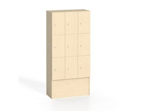 Dřevěná odkládací skříňka s úložnými boxy, 9 boxů, 1700 x 900 x 420 mm, cylindrický zámek, bříza