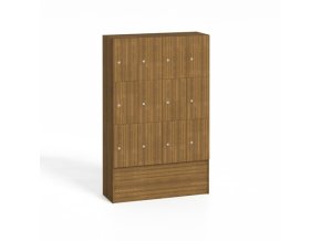 Dřevěná odkládací skříňka s úložnými boxy, 12 boxů, 1700 x 1200 x 420 mm, cylindrický zámek, ořech