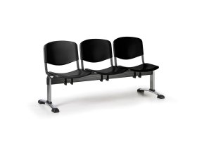 Plastová lavice do čekáren ISO, 3-sedák, černá, chrom nohy