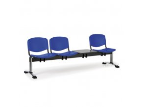Plastová lavice do čekáren ISO, 3-sedák, se stolkem, modrá, chrom nohy