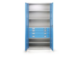dilenska zasuvkova skrin na naradi 3 police 4 zasuvky perforovane dvere 920 x 500 x 1850 mm 112199