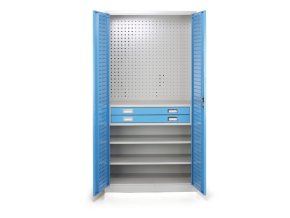 dilenska zasuvkova skrin na naradi 2 police 2 zasuvky perforovana 920 x 500 x 1850 mm 112200