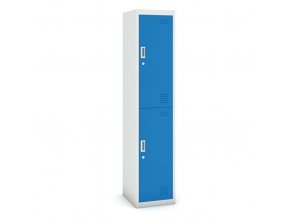 Šatní skříňka s úložnými boxy, dvoudveřová, cylindrický zámek, 1800 x 380 x 450 mm, šedá/modrá