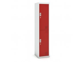 Šatní skříňka s úložnými boxy, dvoudveřová, cylindrický zámek, 1800 x 380 x 450 mm, šedá/červená