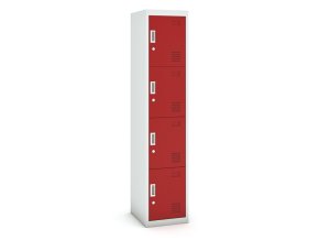 Šatní skříňka s úložnými boxy, 4 boxy, 1800 x 380 x 450 mm, cylindrický zámek, červené dveře