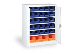 Skříň s plastovými boxy BASIC - 1150 x 400 x 920 mm, 30xB/4xC, šedá/modré dveře