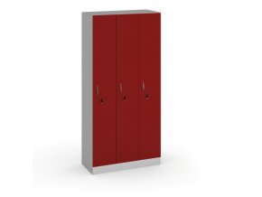Dřevěná šatní skříňka, 3 oddíly, 1900 x 900 x 420 mm, šedá/červená