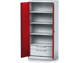policova dilenska skrin 2 dverova mechanic 3 police 2 zasuvky 920 x 500 x 1950 mm cervene dvere 17180