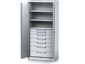 policova dilenska skrin 2 dverova mechanic 3 police 7 zasuvek 920 x 500 x 1950 mm sede dvere 17161