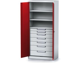 policova dilenska skrin 2 dverova mechanic 3 police 7 zasuvek 920 x 500 x 1950 mm cervene dvere 17157