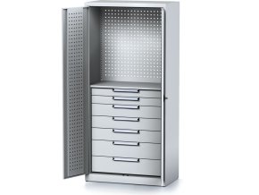 policova dilenska skrin 2 dverova mechanic 1 police 7 zasuvek 920 x 500 x 1950 mm sede dvere 17156