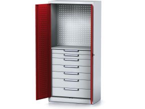 policova dilenska skrin 2 dverova mechanic 1 police 7 zasuvek 920 x 500 x 1950 mm cervene dvere 17154