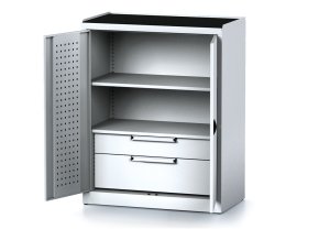 policova dilenska skrin 2 dverova mechanic 1 police 2 zasuvky 920 x 500 x 1170 mm sede dvere 17034