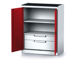 policova dilenska skrin 2 dverova mechanic 1 police 2 zasuvky 920 x 500 x 1170 mm cervene dvere 17031