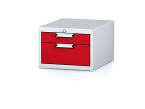 Závěsný dílenský box na nářadí k pracovním stolům MECHANIC, 2 zásuvky, 480 x 600 x 351 mm, červené dveře