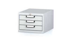 Závěsný dílenský box na nářadí k pracovním stolům MECHANIC, 3 zásuvky, 480 x 600 x 351 mm, šedé dveře