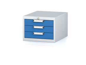 Závěsný dílenský box na nářadí k pracovním stolům MECHANIC, 3 zásuvky, 480 x 600 x 351 mm, modré dveře