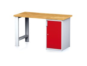 Dílenský pracovní stůl MECHANIC I, pevná noha + dílenská skříňka na nářadí, 1500 x 685 x 880 mm, červené dveře