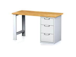 Dílenský pracovní stůl MECHANIC I, pevná noha + dílenský box na nářadí, 3 zásuvky, 1500 x 685 x 880 mm, šedé dveře