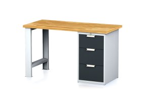 Dílenský pracovní stůl MECHANIC I, pevná noha + dílenský box na nářadí, 3 zásuvky, 1500 x 685 x 880 mm, antracitové dveře
