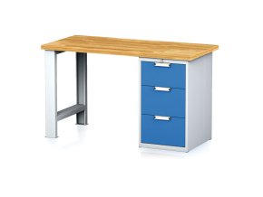 Dílenský pracovní stůl MECHANIC I, pevná noha + dílenský box na nářadí, 3 zásuvky, 1500 x 685 x 880 mm, modré dveře