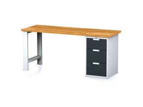 Dílenský pracovní stůl MECHANIC I, pevná noha + dílenský box na nářadí, 3 zásuvky, 2000 x 685 x 880 mm, antracitové dveře