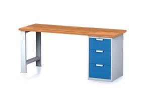 Dílenský pracovní stůl MECHANIC I, pevná noha + dílenský box na nářadí, 3 zásuvky, 2000 x 685 x 880 mm, modré dveře