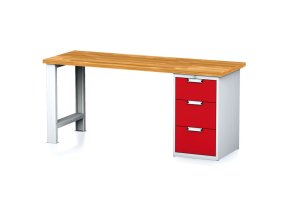Dílenský pracovní stůl MECHANIC I, pevná noha + dílenský box na nářadí, 3 zásuvky, 2000 x 685 x 880 mm, červené dveře
