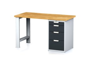 Dílenský pracovní stůl MECHANIC I, pevná noha + dílenský box na nářadí, 4 zásuvky, 1500 x 685 x 880 mm, antracitové dveře