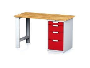 Dílenský pracovní stůl MECHANIC I, pevná noha + dílenský box na nářadí, 4 zásuvky, 1500 x 685 x 880 mm, červené dveře