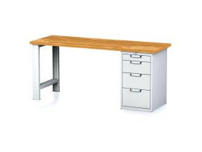 Dílenský pracovní stůl MECHANIC I, pevná noha + dílenský box na nářadí, 4 zásuvky, 2000 x 685 x 880 mm, šedé dveře