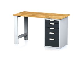 Dílenský pracovní stůl MECHANIC I, pevná noha + dílenský box na nářadí, 5 zásuvek, 1500 x 685 x 880 mm, antracitové dveře